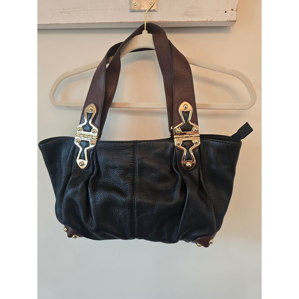Michael Kors Black Pebbled Leather Shoulder Bag Brown Straps Gold Hinge Detail